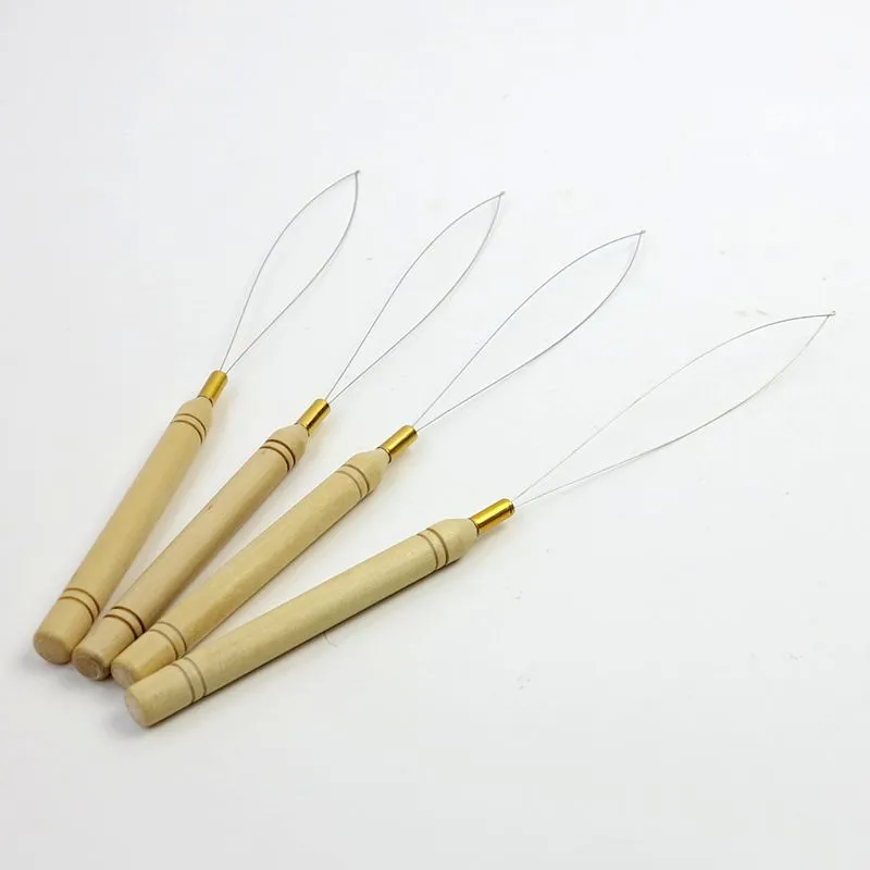 Pulling Needle Loop Threader Wooden Handle needles for micro bead human hair hair extensions tools in stock