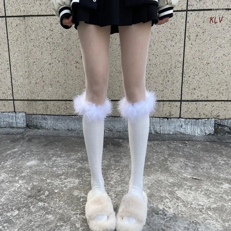 Women Socks Winter Harajuku Furry Trim Warm Long Calf Japanese Style Cute Fluffy Student Medium Tube Knee High Stockings