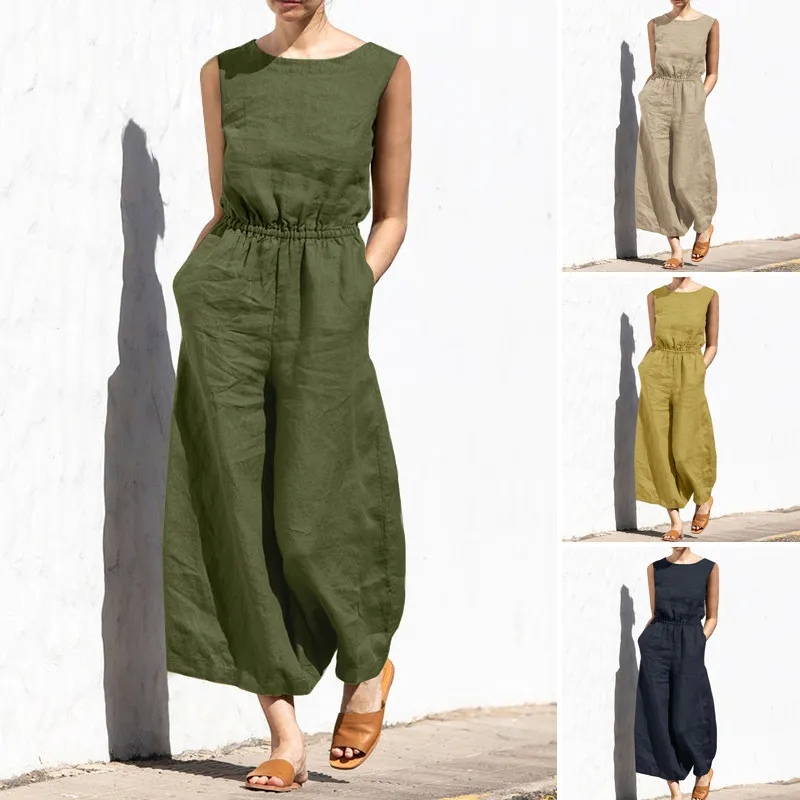 Stylish Summer Dungaree Jumpsuit For Women Loose Fit, Sleeveless, O Neck,  Cotton Linen, Elastic Waist, Perfect For Office And Casual Wear From  Jiehan_shop, $20.31 | DHgate.Com