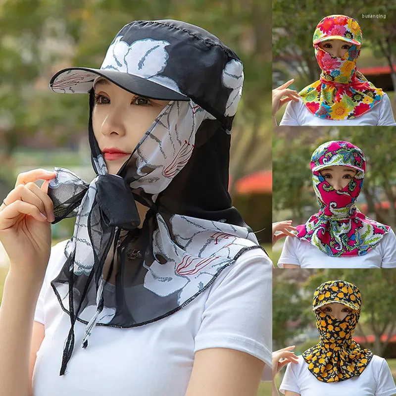 Chapéus largos de aba largo para mulheres Pescoço protetor Caps de estampa floral Caps de suncreen respirável Trabalho de bicicleta ao ar livre Anti-UV Summer Hat Summer