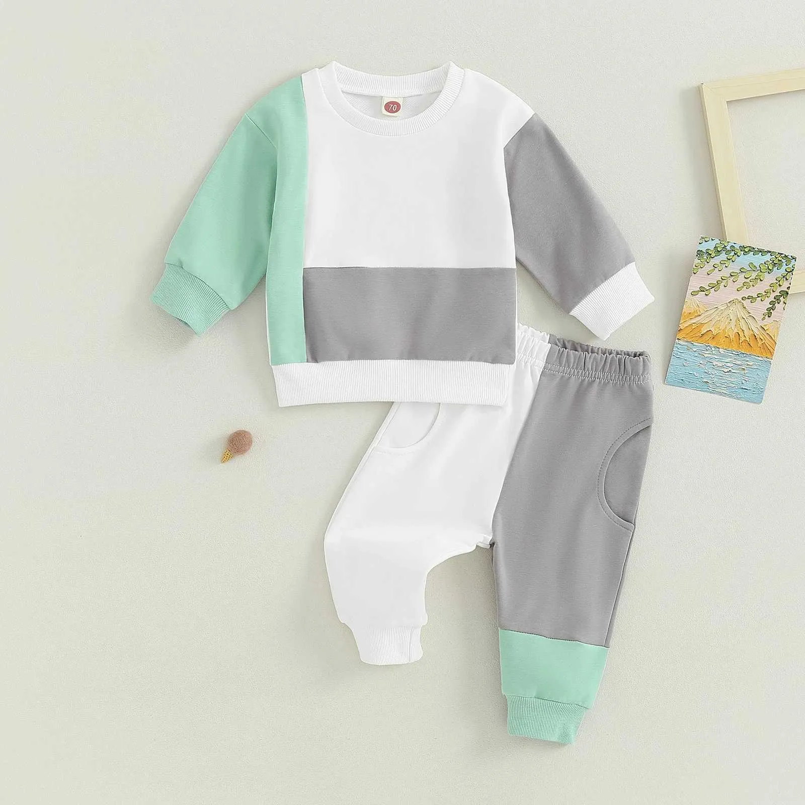 Clothing Sets Fall Winter Toddler Boys Tracksuit Pants Suit Sets Long Sleeve Contrast Color Sweatshirt Top Elastic Pants 2PCS Baby Clothes