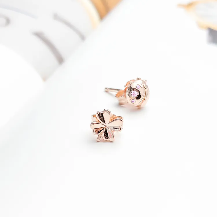 Rose Gold Clover and Ladybird Stud Earrings for Pandora 100 925 Silver Party Earring Set For Women Girls Sisters Gift designer earring with Original