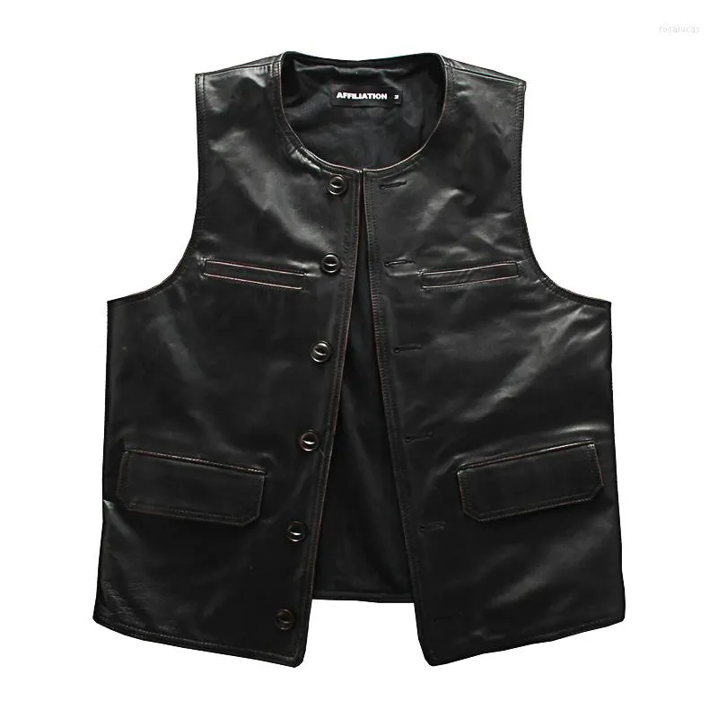 Gilets pour hommes Japonais Vintage Véritable Gilet En Cuir Mens Horsehide Gilet Moto Biker Col Sans Manches Véritable Veste