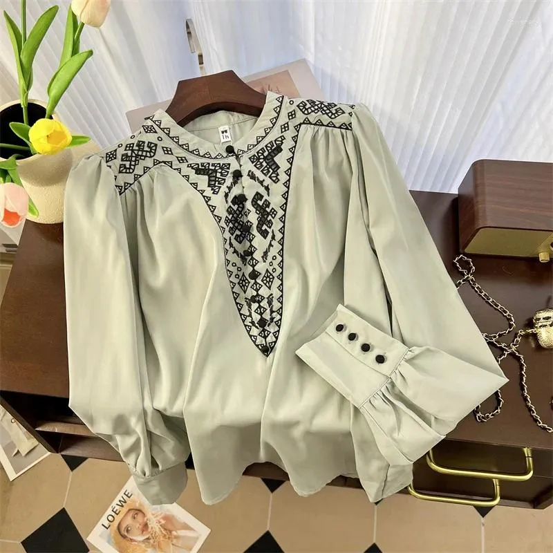 Blusas femininas chiffon camisa solta bordado vintage o-pescoço roupas primavera/verão moda estilo chinês topos ycmyunyan