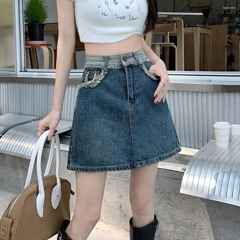 Skirts S-5XL Women Mini Denim Skirt Summer Fashion Vintage Spice Girl Frayed Jeans Loose High Waist A-Line Plus Size