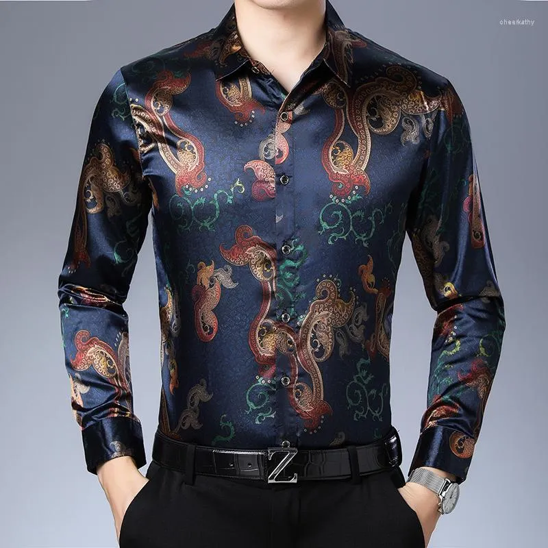 Sukienka męska Koszulki luksusowa jedwabna satynowa koszula Męskie satynowe koszulę Slim Slim Floral Print Autumn Spring Business Club Casual Flower