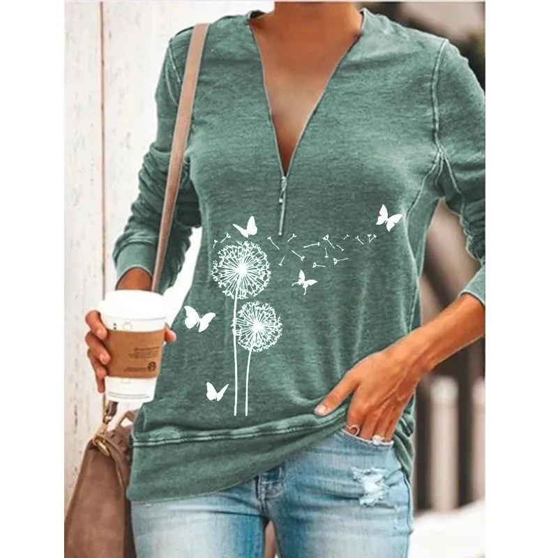 T-Shirt Löwenzahn Schmetterlinge Cartoon Print T-shirt Langarm Frauen Zipper VNeck Casual Top Tees Herbst Frühling Neue Kleidung 2022