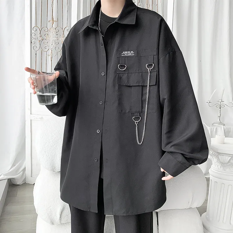 Camisas casuais masculinas moda a camisa de grandes dimensões para homens streetwear preto harajuku cadeia gótica coreana roupas de fada grunge roupas 230426