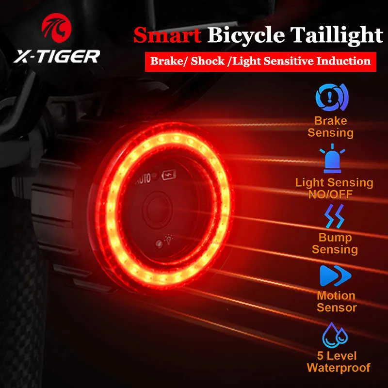 Bike Lights X-TIGER Bicycle Smart Auto Brake Sensing Light Waterproof LED Charging Cycling Taillight Bike Rear Light Warn Bicycle Tail light P230427