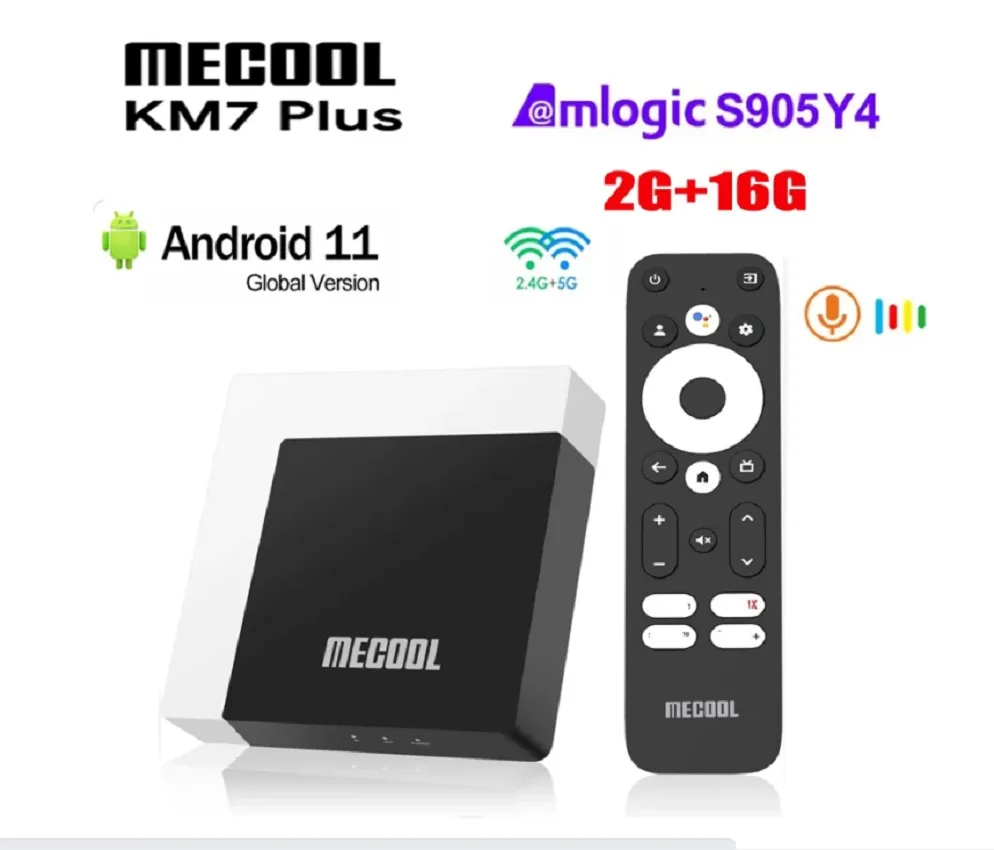 MECOOL Google TV Box KM7 PLUS 2 ГБ DDR4 16 ГБ Android 11 Dual WIFI Сертифицированный Google 4K Amlogic S905Y4 HDR10 2,4G/5G WIFI Префикс