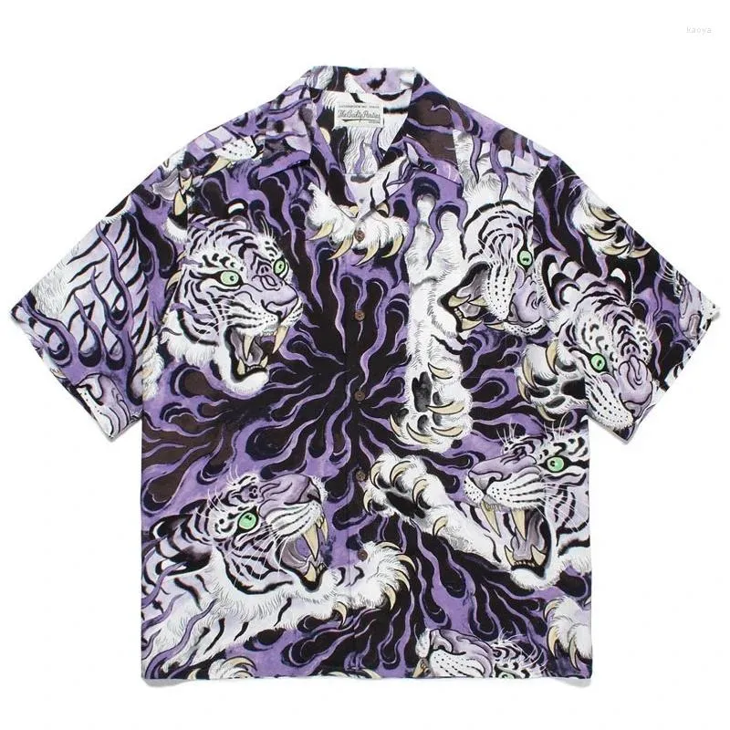 Camisas casuais masculinas Wacko Maria Hawaiian Homens Mulheres 1:1 Alta Qualidade Impressão Oversized Tigre