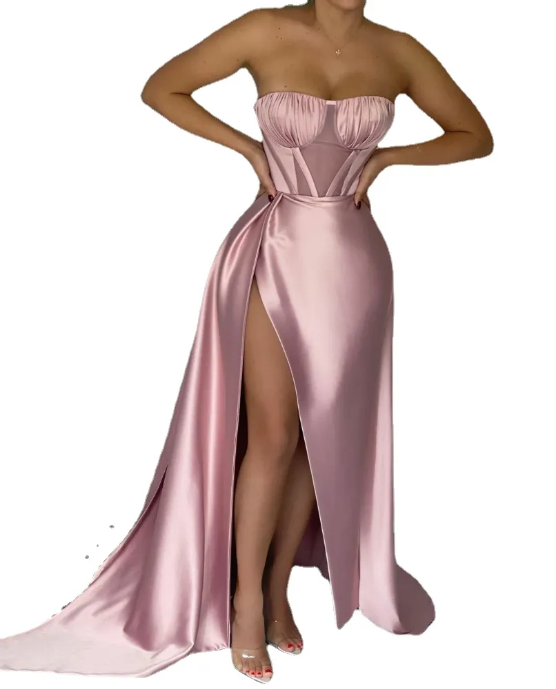 Robe de soirée de luxe rose, longue et sexy, sans bretelles, avec fente, en Satin, sans manches, robe de bal formelle, longueur au sol