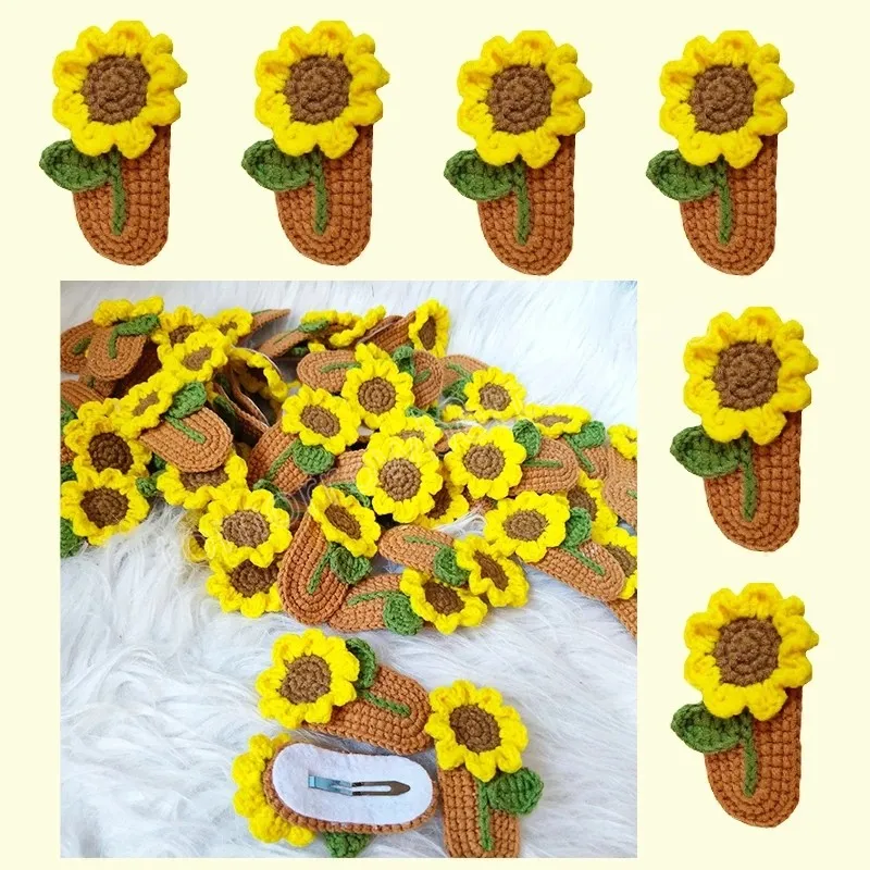 Handmade Crochet Sunflower Hair Clips Girls Kawaii Sun Flower Hairpin Barrettes Headwear Children Headdress Hair Accessories