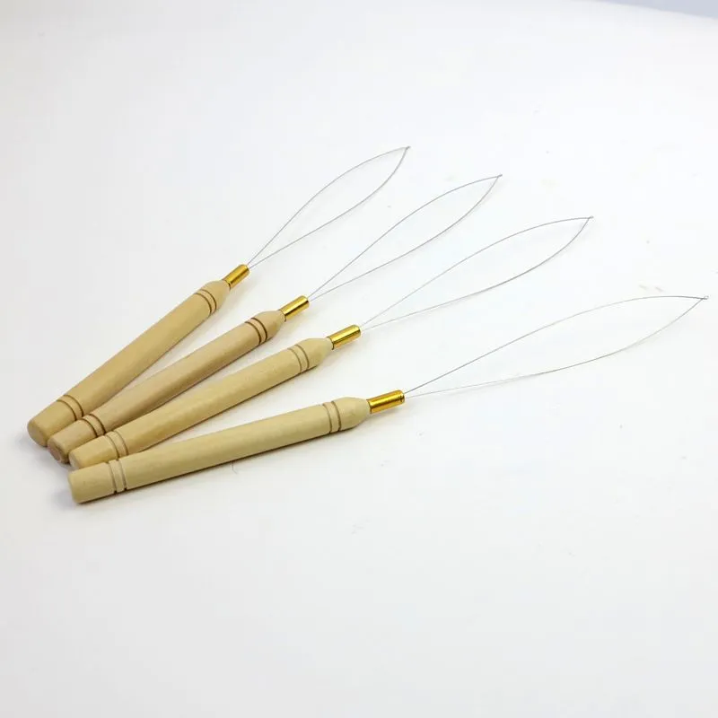 Pulling Needle Loop Threader Wooden Handle needles for micro bead human hair hair extensions tools in stock