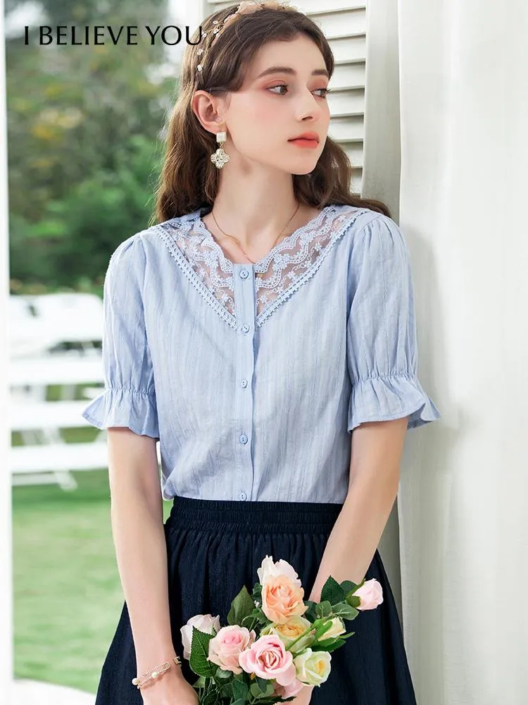 T-Shirt I BELIEVE YOU Summer Blouses French Fashion 100% Cotton Vneck Pullover Hollow Out Patchwork Puff Sleeve Women Tops DCS213802A