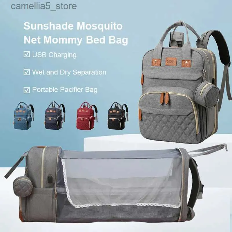 Sacos de fraldas Dobrável Mommy Bag Grande Capcity Mochila de bebê para bebê 2 em 1 Mummy Bag Berço com mosquiteiro Bolsa de bagagem de ombro de viagem Q231127