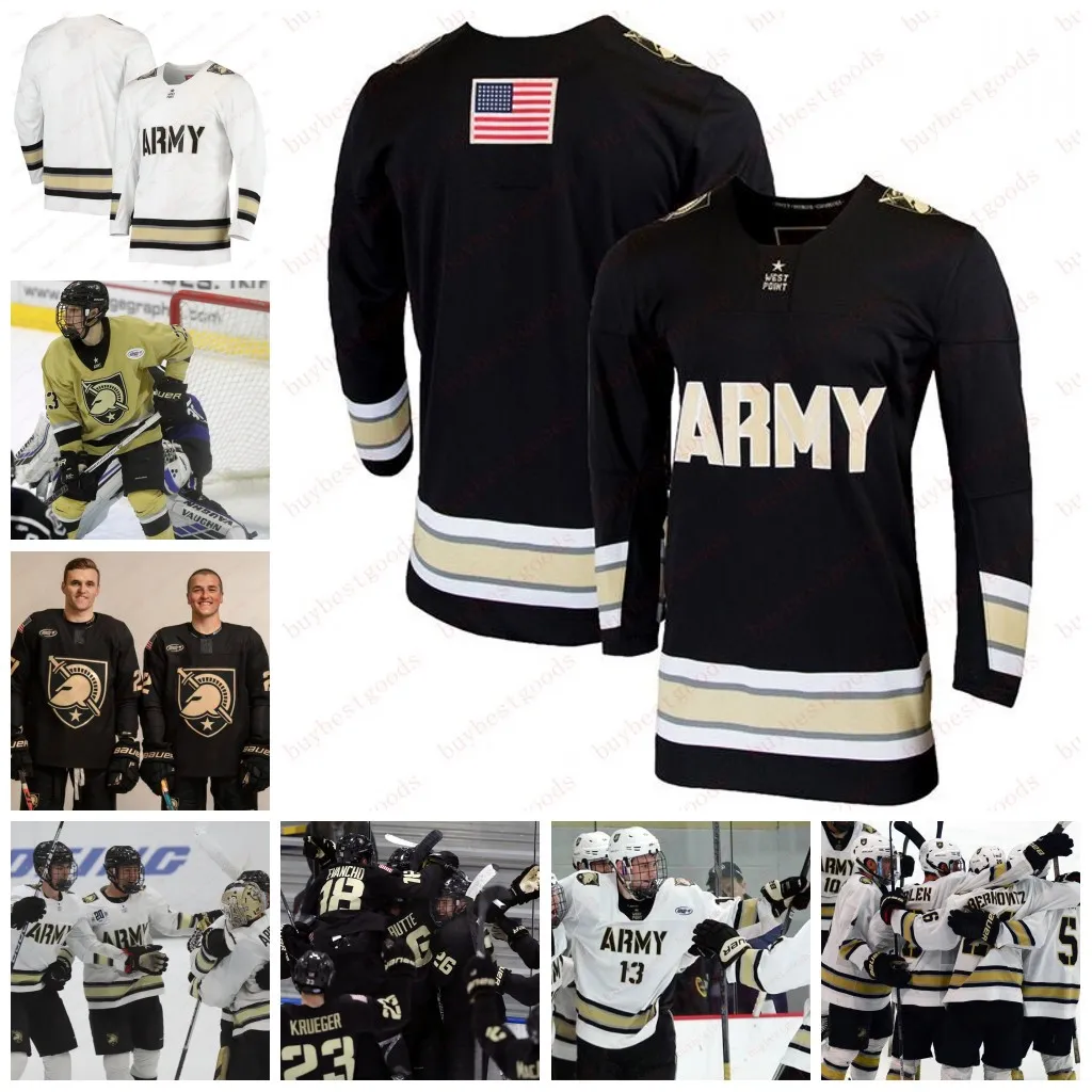 Maglie Custom Army Black Knights Lucas Kanta Hunter McCoy Max Itagaki Brett Abdelnour Sean Vlasich Stephen Willey Joey Baez Maglia da hockey dell'esercito