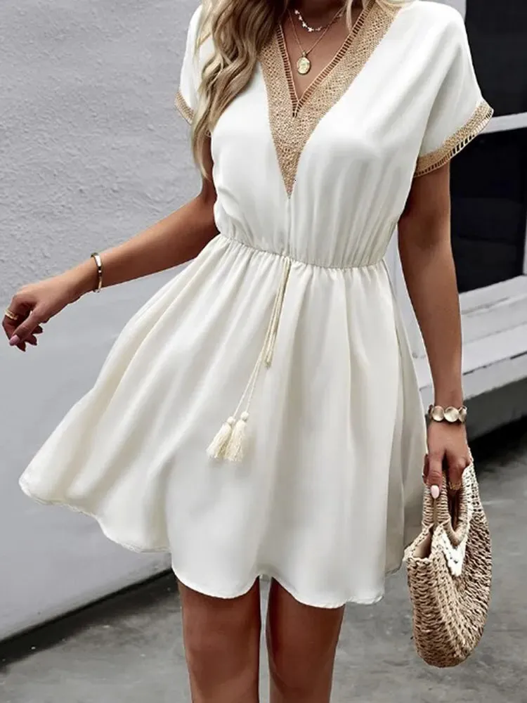 Urban Sexy Dresses Women's retro mini dress summer fashion solid V-neck loose lace dress women's casual short sleeved beach dress 231127