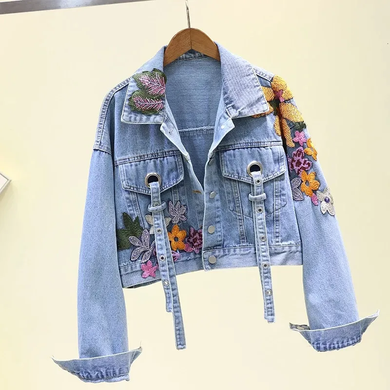 Embroidered Sequins Denim Jacket Autumn Casual Loose Jean Coat For Embroidered Sequins Denim Jacket Autumn Casual Loose Jean Coat For