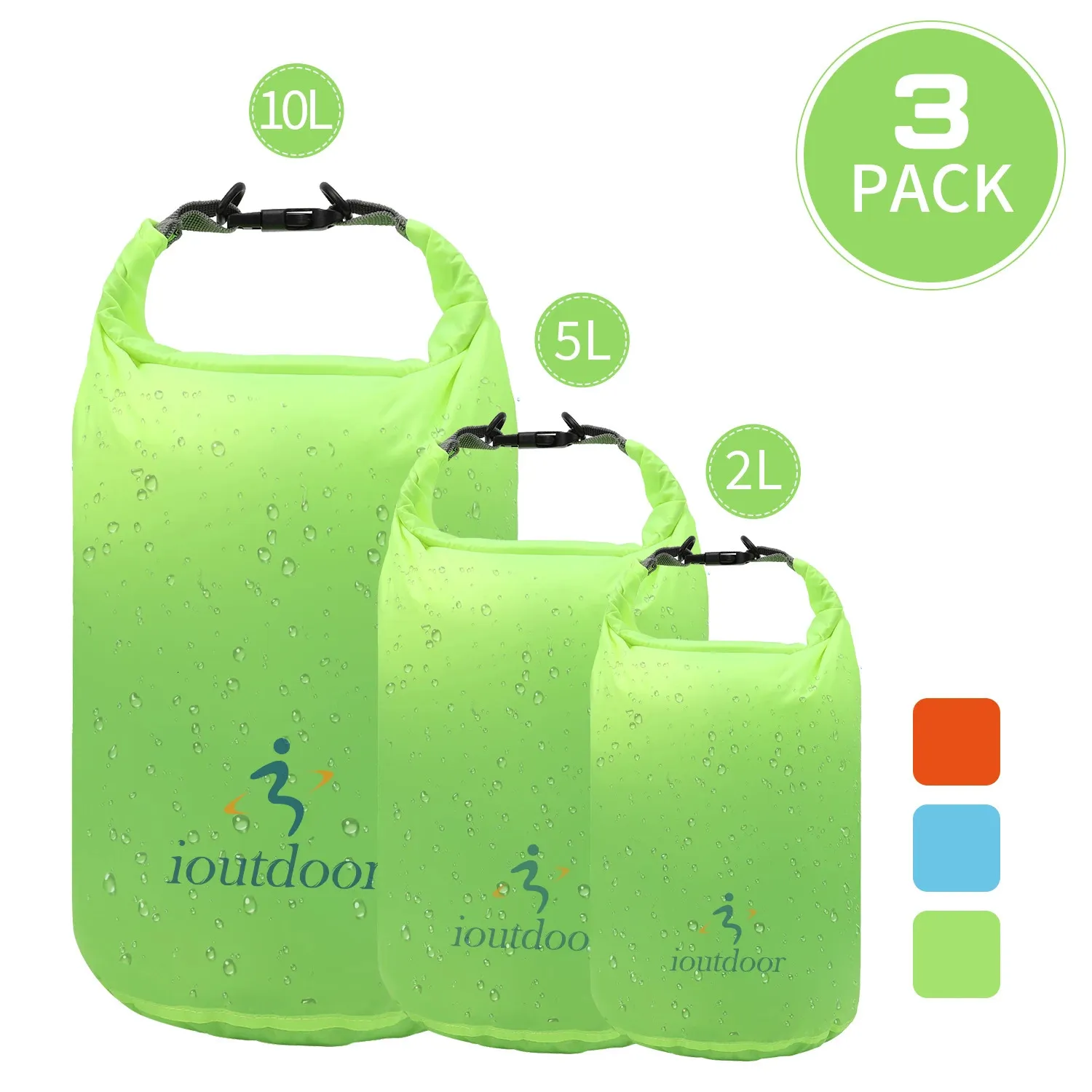 Outdoor Products Ultimate Dry Sacks, 3 Pack, Weather Resistant Dry Bag,  Unisex, Green, Blue, 10.6 L