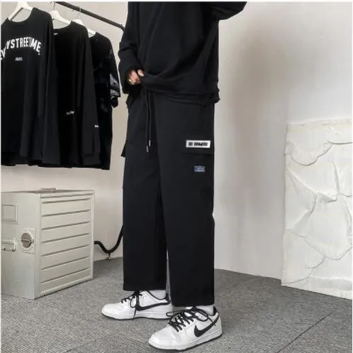 2022 Korean style wide-leg cargo pants Cargo Pants Black Ankle Length Elastic Waist Loose Trousers Casual Pants