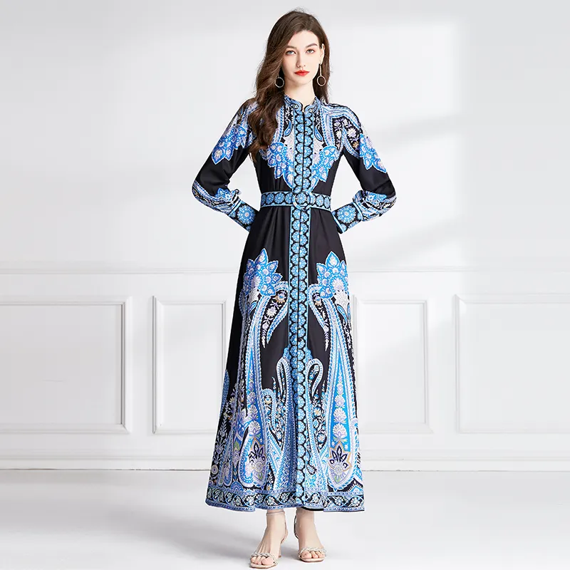 chinese dress ladies Paisley Floral Print Blue and White Rayon Maxi Dress for Women M main image 1