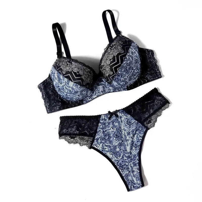 Women Sexy Lingerie Lace Flowers Bra Pants Underwear Set Blue 36/80/C New