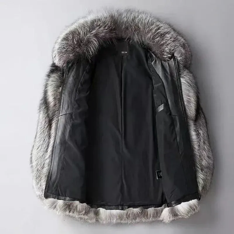 Mäns päls faux päls män vinter faux silver räv kappa kort lös koka överrock tjockare varm jacka fritid mode outwear