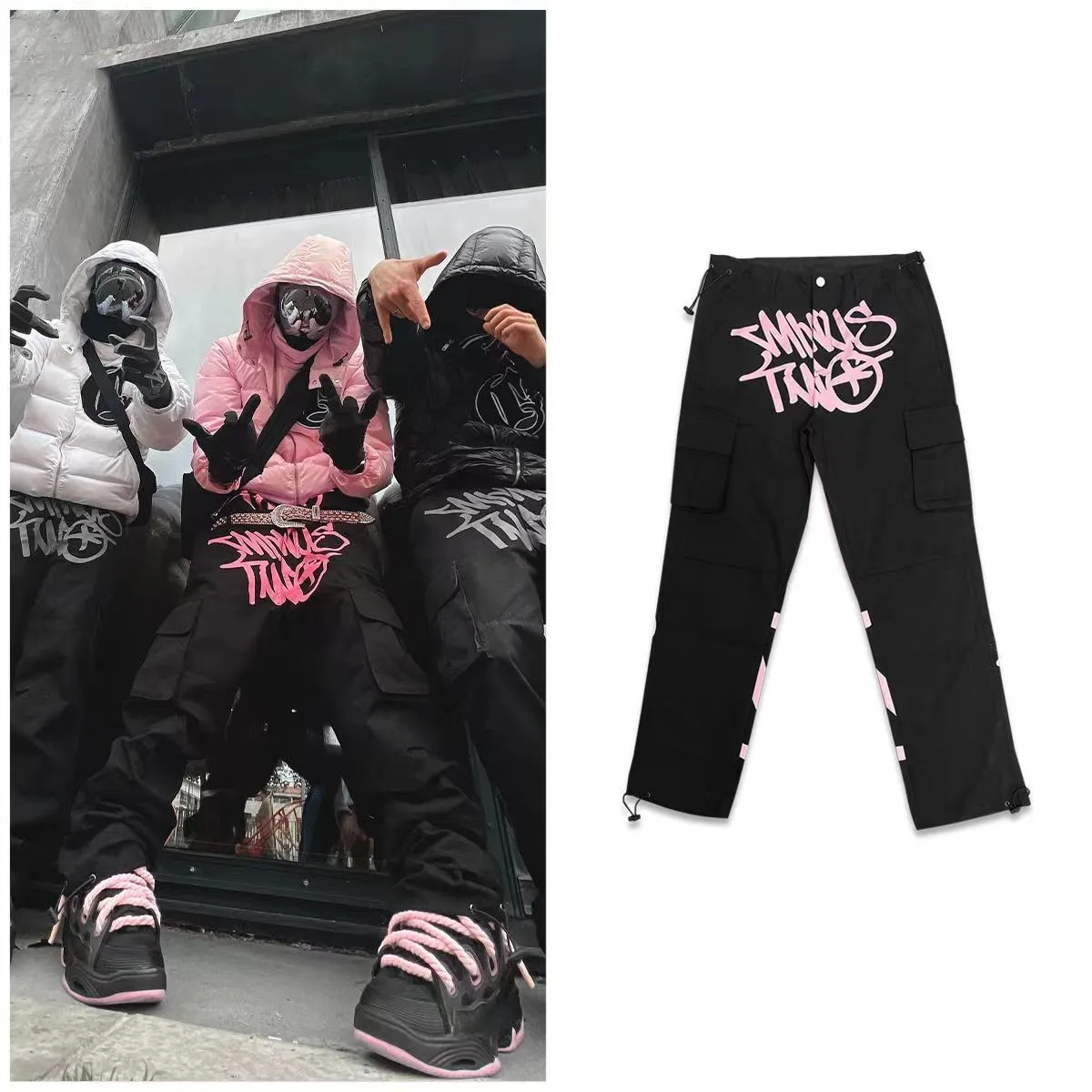  Minus Two Cargo Pants Mens Y2k Hip-Hop Harajuku Denim Print  with Retro Tracksuit Rock Joggers Trousers Streetwear,Blue,S : Clothing,  Shoes & Jewelry