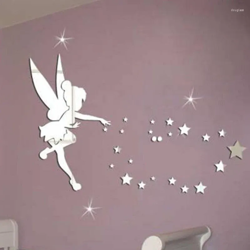 Wall Stickers Silver DIY Acrylic Mirror Fairy Girl Star For Living Room Bedroom Home Decals Decoration