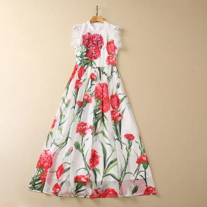 2023 Summer Floral Print Panel Feather Chiffon Dress Sleeveless Stand Collar Sequins Long Maxi Casual Dresses S3A240420