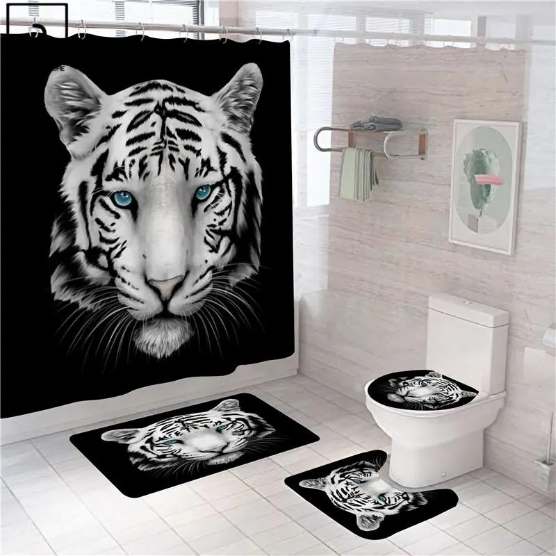 Gardiner tiger leopard djur trycker dusch gardin polyester gardiner i badrum badmatta set mattor toalettmattor cool heminredning
