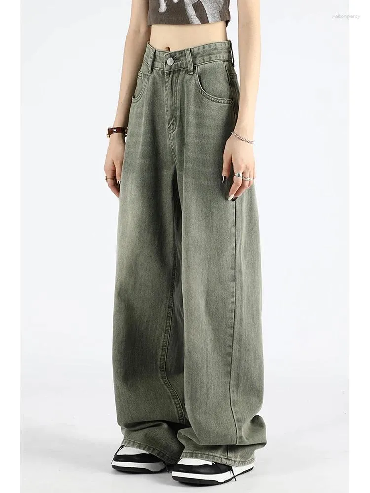 Jeans de femmes vert taille haute femmes baggy y2k streetwear mode jambe droite denim pantalon corée vintage lavé pantalon 2023