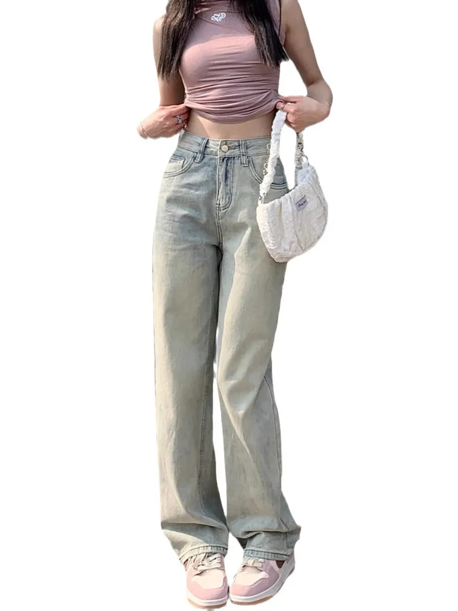 Jeans da donna di grandi dimensioni jeans a gamba larga effetto vissuto retrò pantaloni larghi da donna pantaloni a vita alta gamba dritta abbigliamento donna