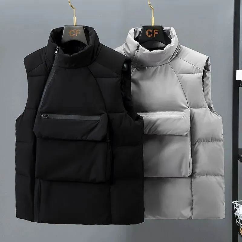 Herrenwesten Modedesign Thermoweste Männer Große Taschen Koreanische Männliche Weste Stehkragen Ärmellose Jacke Gilets Gepolsterter Wintermantel Warm 231127