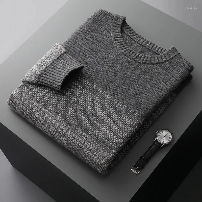 Herrtröjor vinter merino ull kashmir tröja o-halsen tjock färg matchande jacquard kappa plus storlek pullover stickad