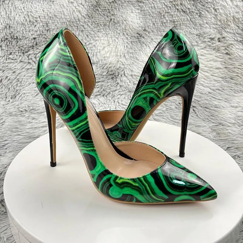 Dress Shoes NoEnName_Null Green Graffiti High HeelsWomen Pointy Toe Inside Cut Heel Large Size 44 45 46 Sexy Fashion