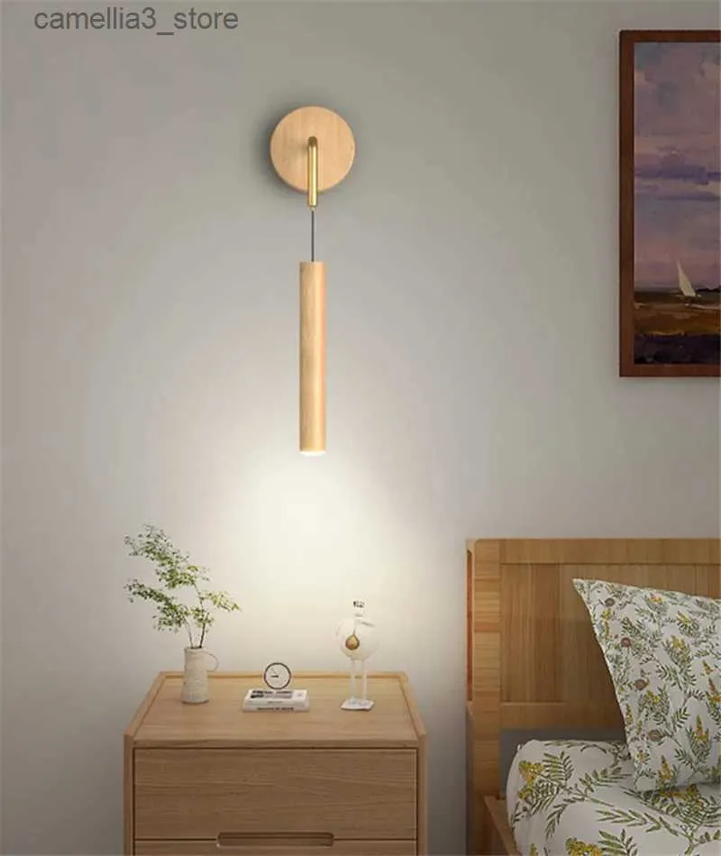 Lampy ścienne Nordic Burlywood Lampa ścienna salon tło ściany lampa atmosfera nowoczesna prosta orzech drewniana sypialnia lampa nocna Q231127