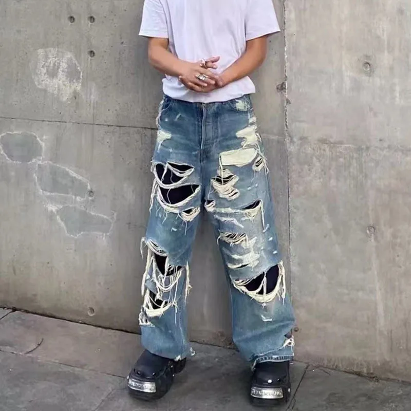 Męskie dżinsy styl klimatu zniszczone spodnie moda Hi Street Raped Oversize Hip Hop Denim Spodni luźne Fit Fit