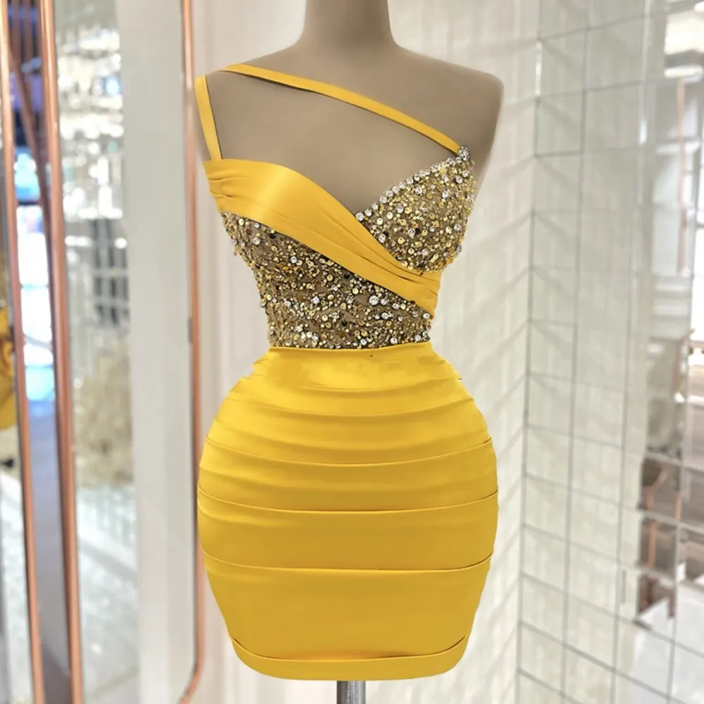 Shimmering Sequin One Shoulder Sheath Short Prom Dress 2024 Cocktail Party Gown From