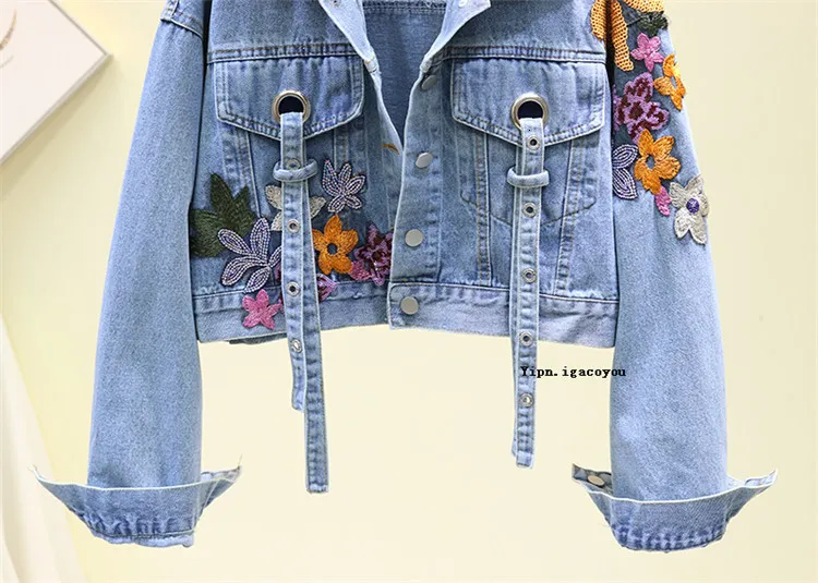 Embroidered Sequins Denim Jacket Autumn Casual Loose Jean Coat For