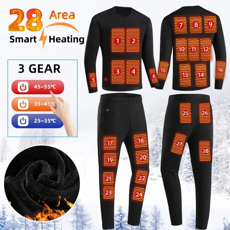 Men's Sleepwear Sale 28 Zones Heated Underwear Set Men Women Winter Heated Suit Motorcycle USB Electric Powered Thermal Heating Motorcycle Pant 231127