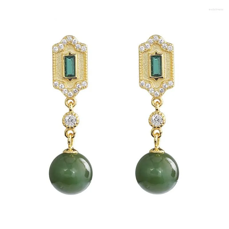 Stud Earrings ES360 ZFSILVER 925 Silver Korean Fashion Trend Hetian Jade Jasper Emerald Dangle Rectangle Jewelry Women Match-all Girl