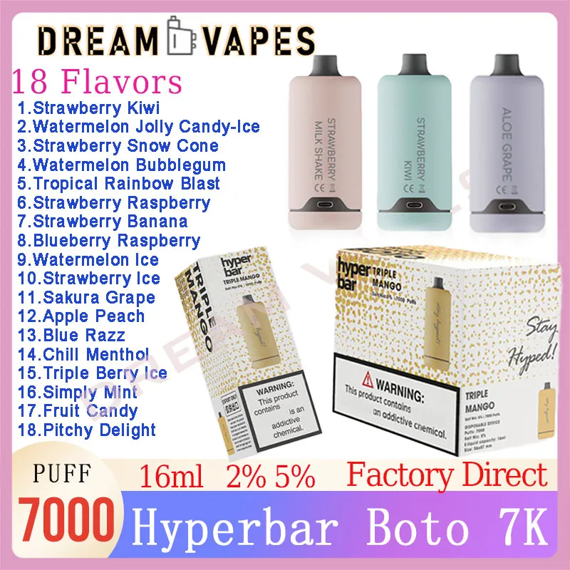 Authentic Hyperbar Boto 7000 Puff Disposable Vapes Pen 2% 5% Capacity 16ml Pre-filled Pod 500mAh Rechargeable Battery 7k Puffs 18 Flavors Kit