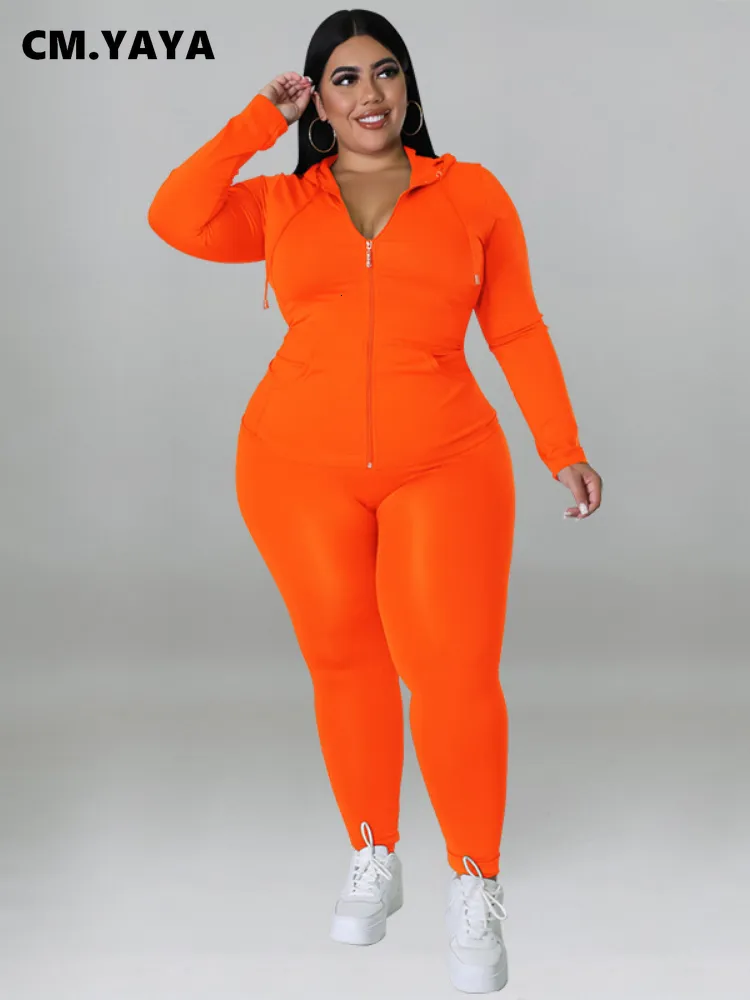 Survêtements grande taille pour femmes CMYAYA Ensemble élégant Ong Sleeve Track Zip Sweat et pantalon Survêtement mode Deux tenues 2 pièces 230426