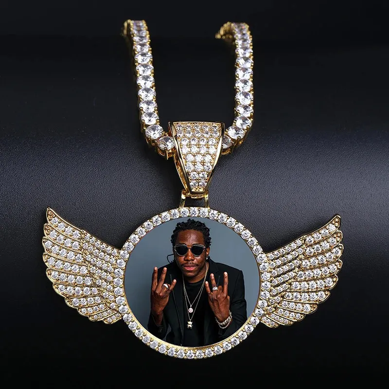 Pendant Necklaces TOPGRILLZ Gold Custom Made Po With wings Medallions Necklace Pendant 4mm Tennis Chain Cubic Zircon Men's Hip hop Jewelry 231127