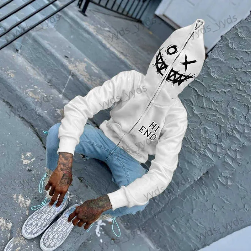 Męskie bluzy bluzy Y2K Ubrania Grunge z kapturem z kapturem Full Zip White Hip Hop Graphic Sport Płaszcz Długie rękawie Owwony kaptur Harajuku 2022 Streetwear T231127