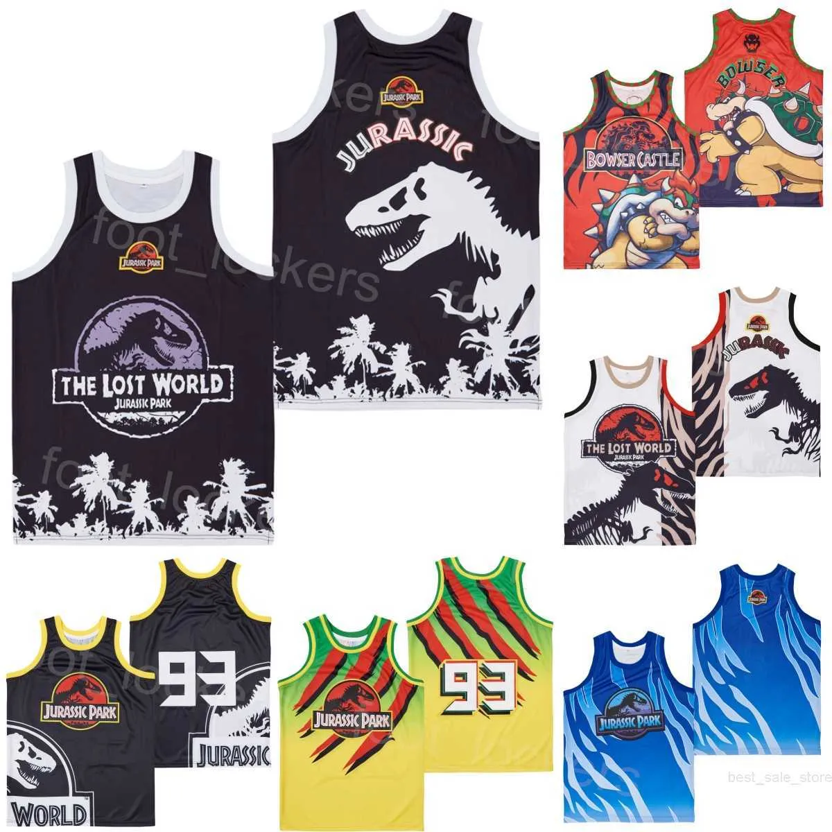 Basketbalfilm Bowser Castle Jerseys 93 Jurassic Park De verloren wereld -tv -serie retro Hiphop Team Sport All -gestikte pure katoen ademende middelbare schooluniversiteit