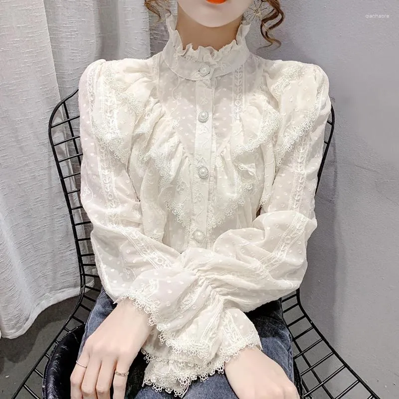 Blusas de mujer Elegante cuello alto Ropa de gasa plisada Moda Blusa de encaje con volantes Mujer Manga larga Botón suelto Camisa blanca Blusas