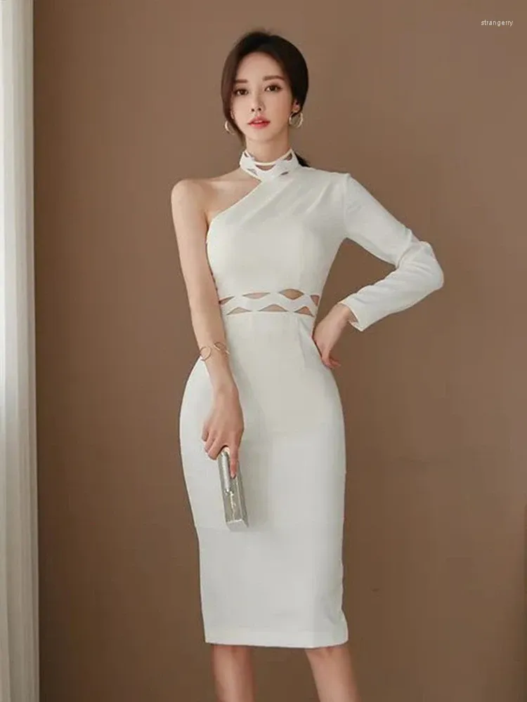 Casual Dresses Korean White Long Evening For Women's Clothes Elegant Chic Sexy One-Shoulder Slim Fit Dress Robe Femme Mujer Vestido